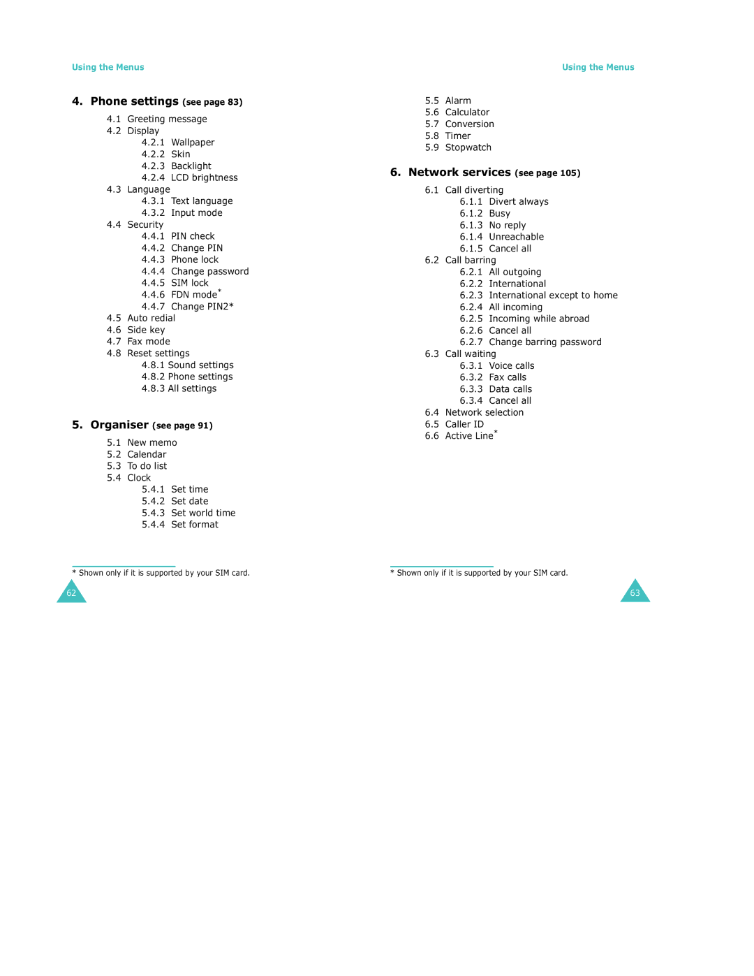 Samsung S500 manual Phone settings see, Network services see 