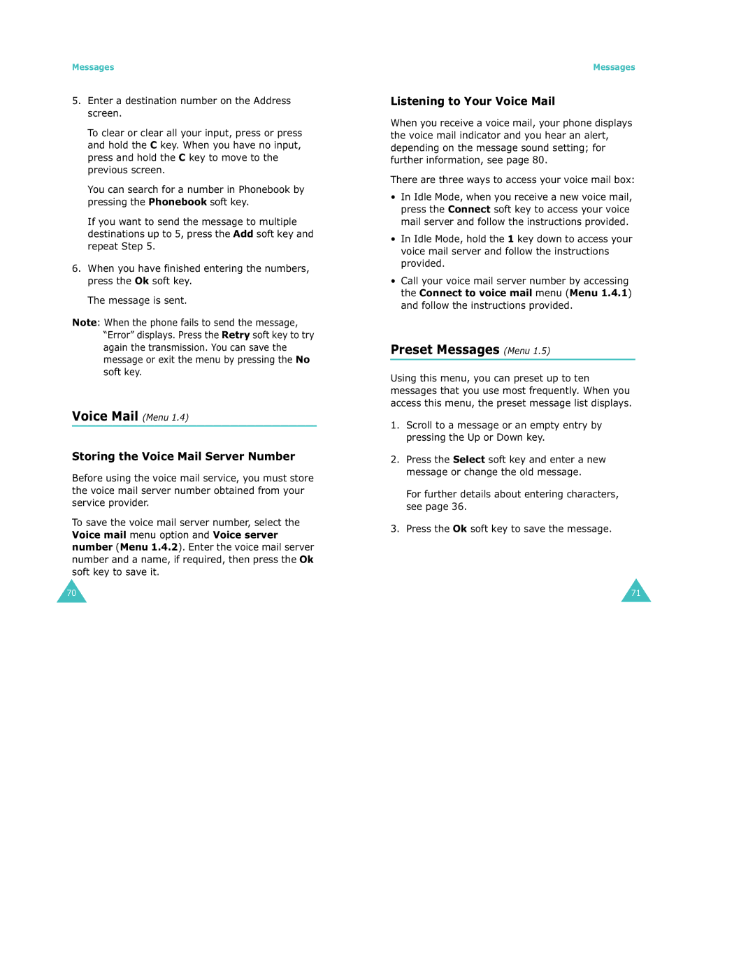 Samsung S500 Voice Mail Menu, Preset Messages Menu, Storing the Voice Mail Server Number, Listening to Your Voice Mail 