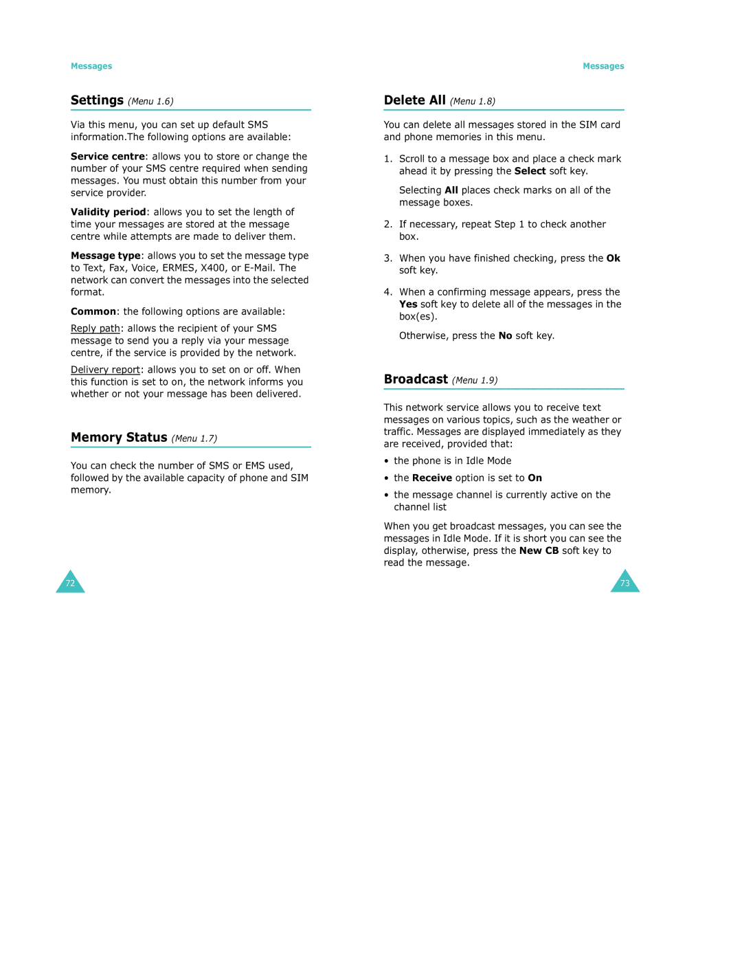 Samsung S500 manual Memory Status Menu, Delete All Menu, Broadcast Menu, Settings Menu 