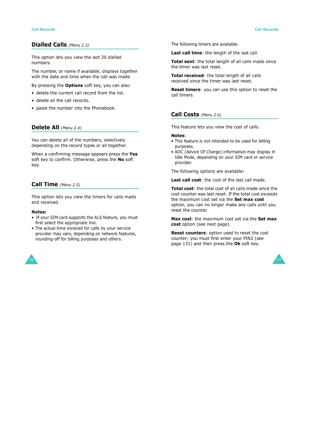 Samsung S500 Dialled Calls Menu, Call Time Menu, Call Costs Menu, This option lets you view the last 20 dialled numbers 