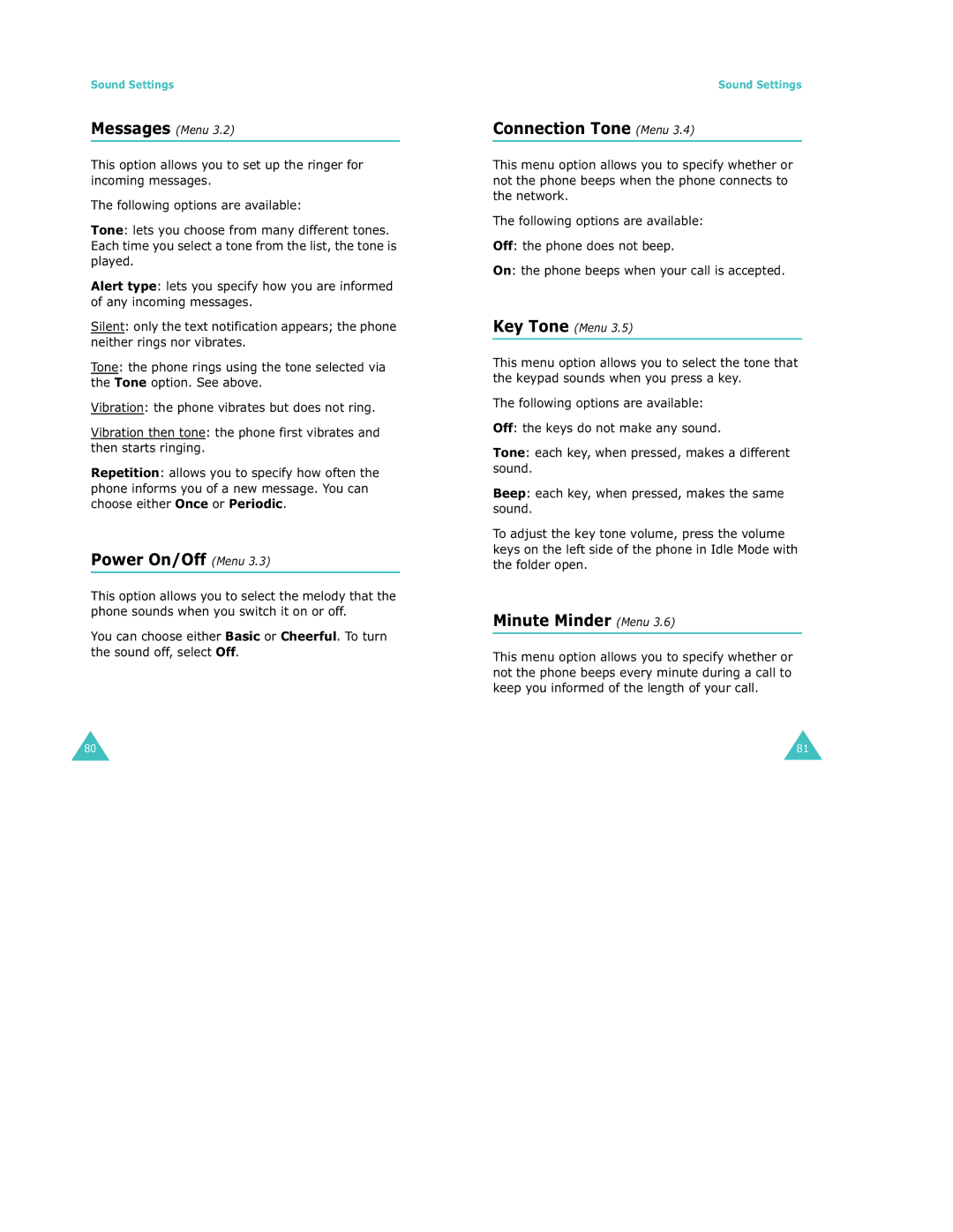 Samsung S500 manual Power On/Off Menu, Connection Tone Menu, Minute Minder Menu, Messages Menu, Key Tone Menu 