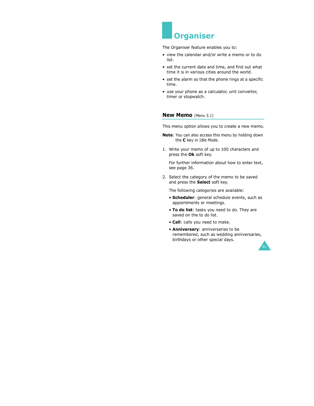 Samsung S500 manual Organiser, New Memo Menu 