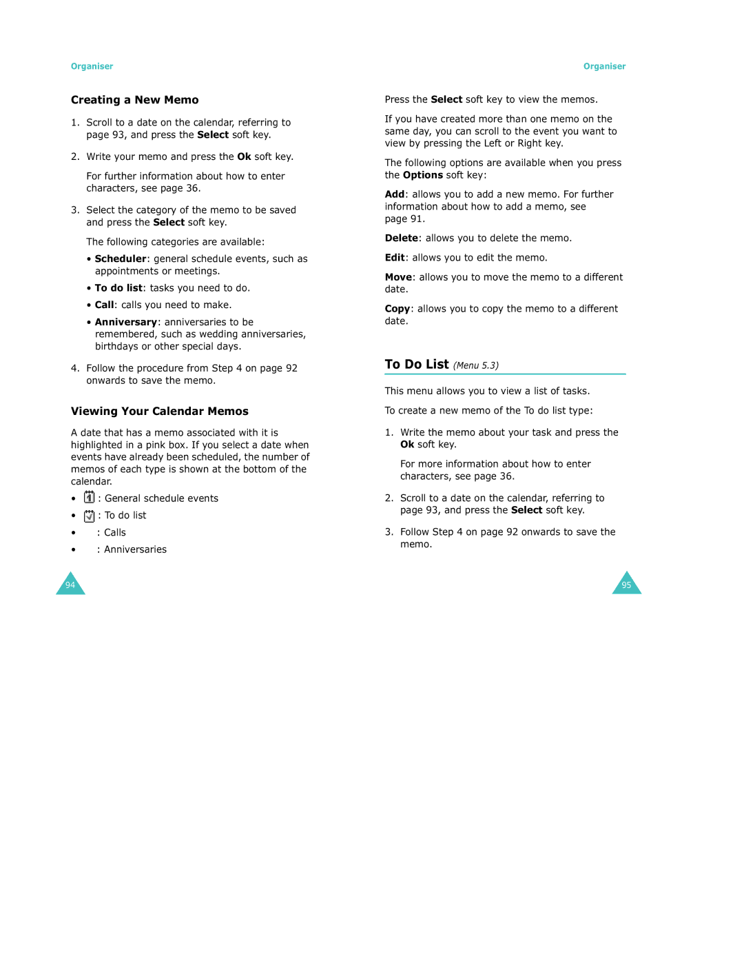 Samsung S500 To Do List Menu, Creating a New Memo, Viewing Your Calendar Memos, Follow on page 92 onwards to save the memo 