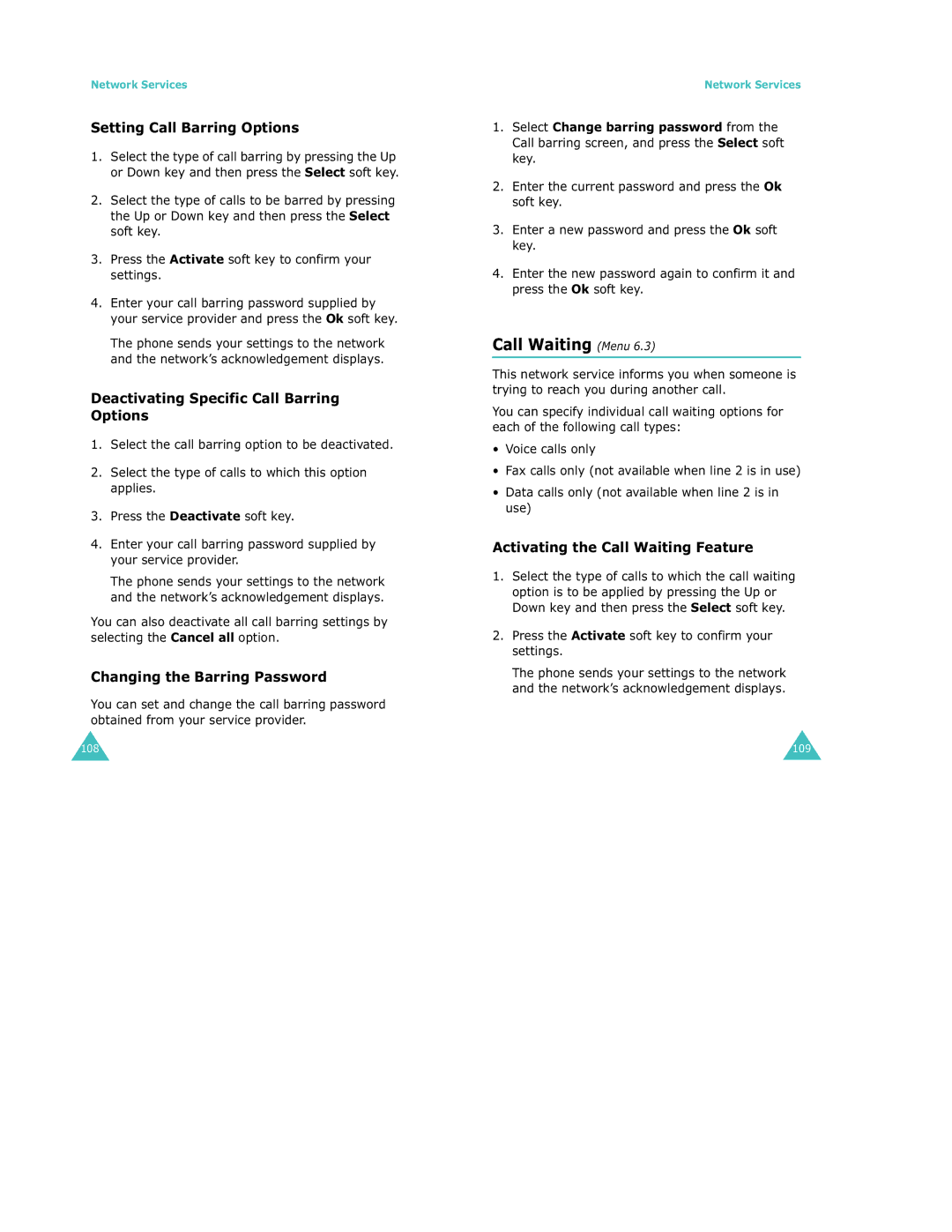 Samsung S500 manual Call Waiting Menu, Setting Call Barring Options, Deactivating Specific Call Barring Options 