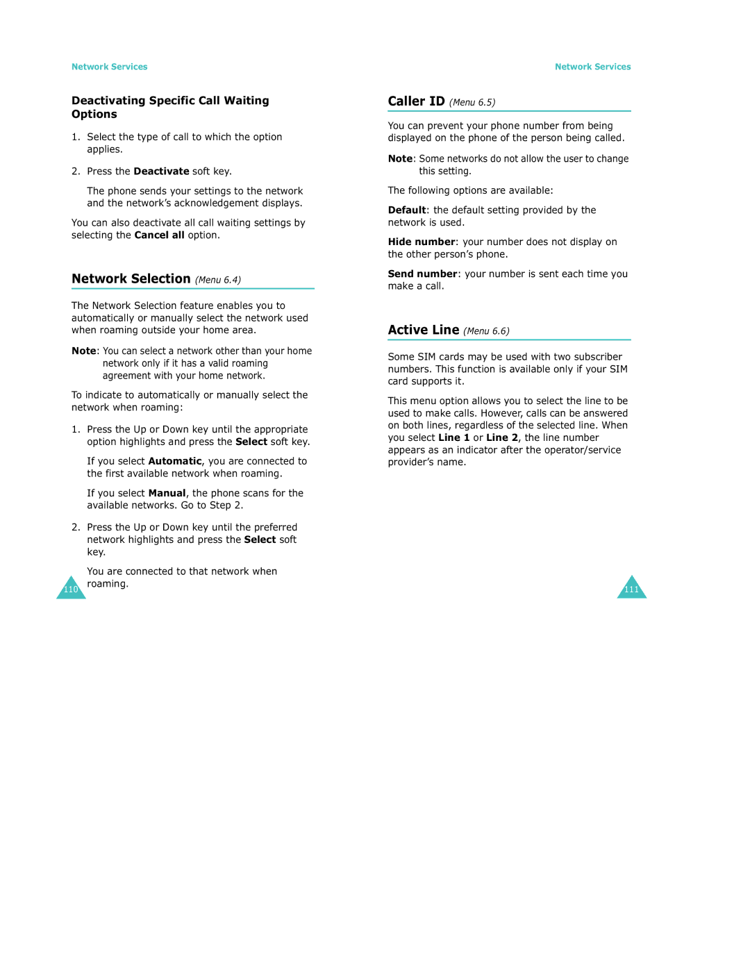 Samsung S500 manual Network Selection Menu, Caller ID Menu, Active Line Menu, Deactivating Specific Call Waiting Options 