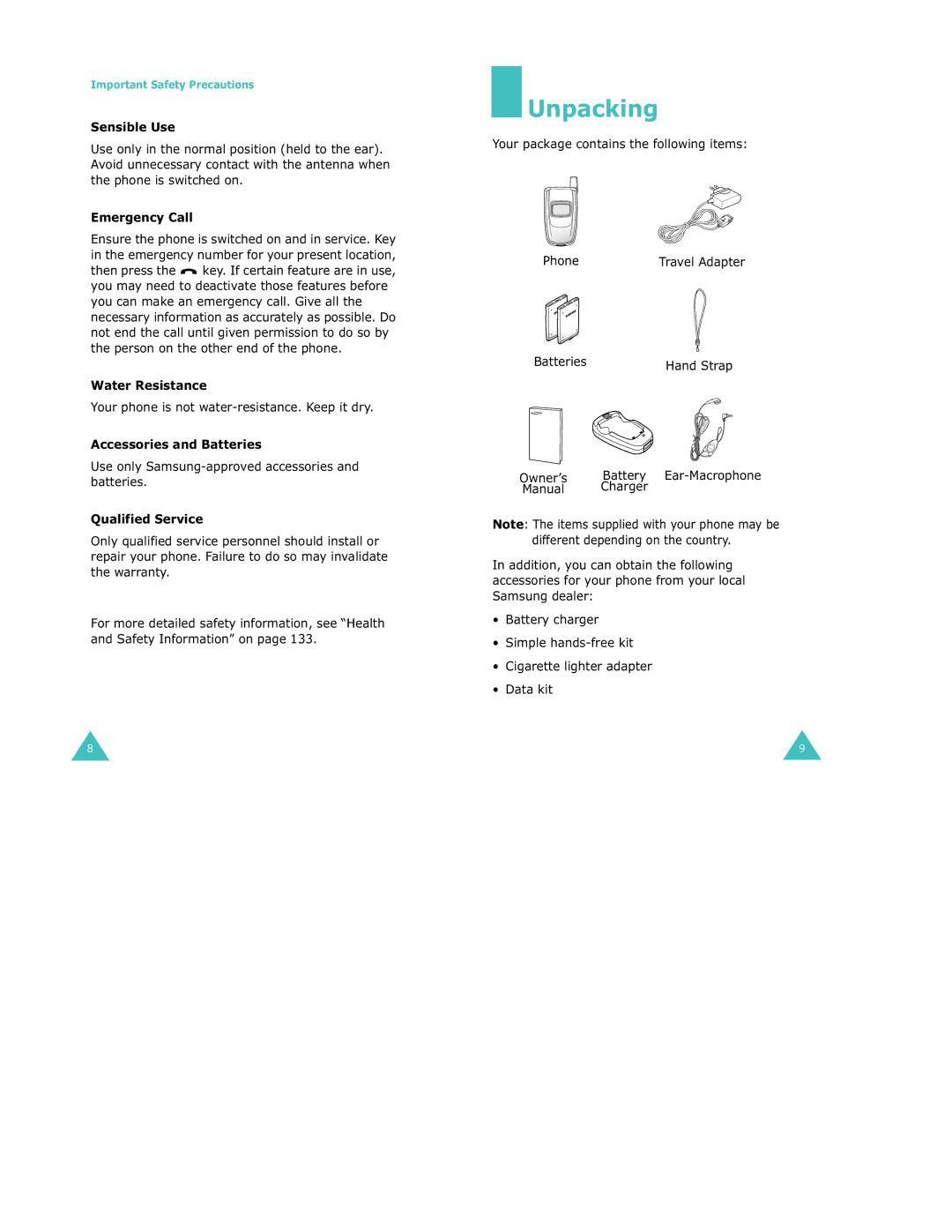 Samsung S500 manual Unpacking 