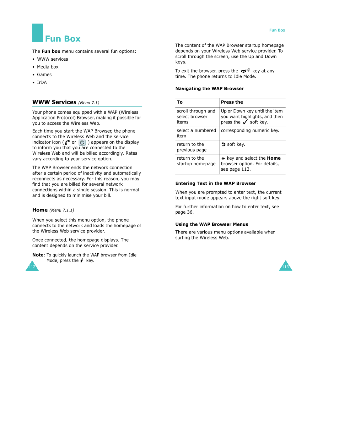 Samsung S500 Fun Box, Navigating the WAP Browser Press, Entering Text in the WAP Browser, Using the WAP Browser Menus 