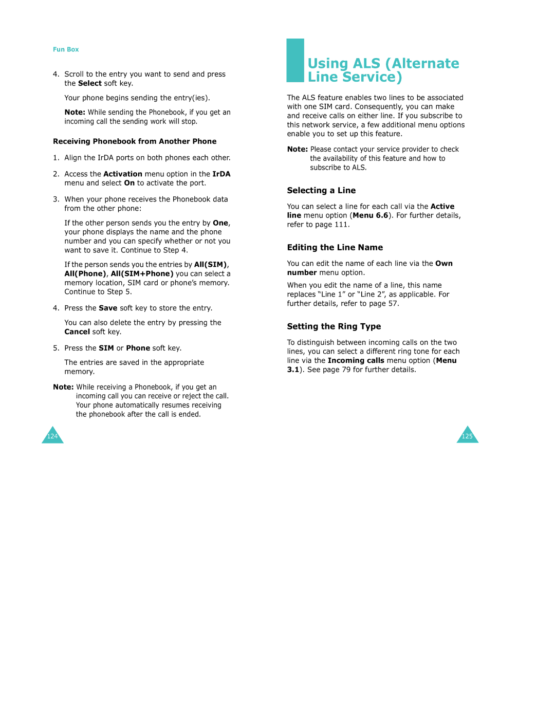 Samsung S500 manual Selecting a Line, Editing the Line Name, Setting the Ring Type, Receiving Phonebook from Another Phone 