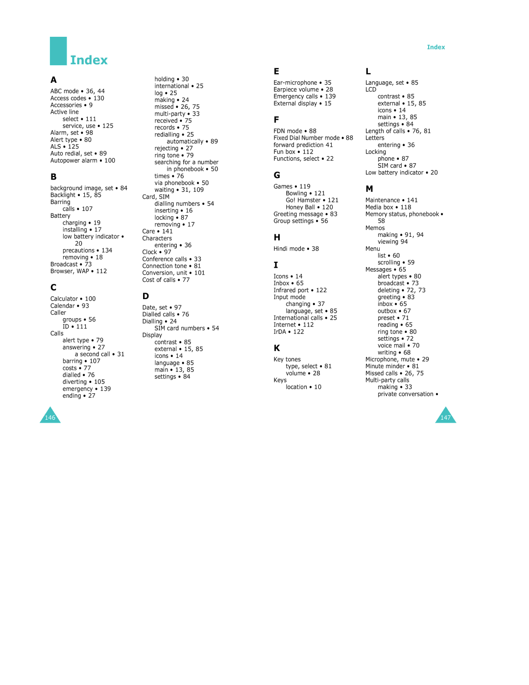 Samsung S500 manual Index 