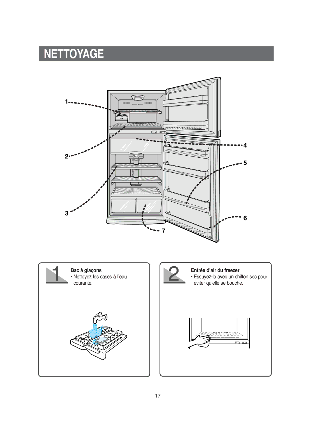 Samsung S52MDCQAGN/XEF, S52AGCSWQN/XEF manual Nettoyage, Bac à glaçons Entrée d’air du freezer, Nettoyez les cases à l’eau 