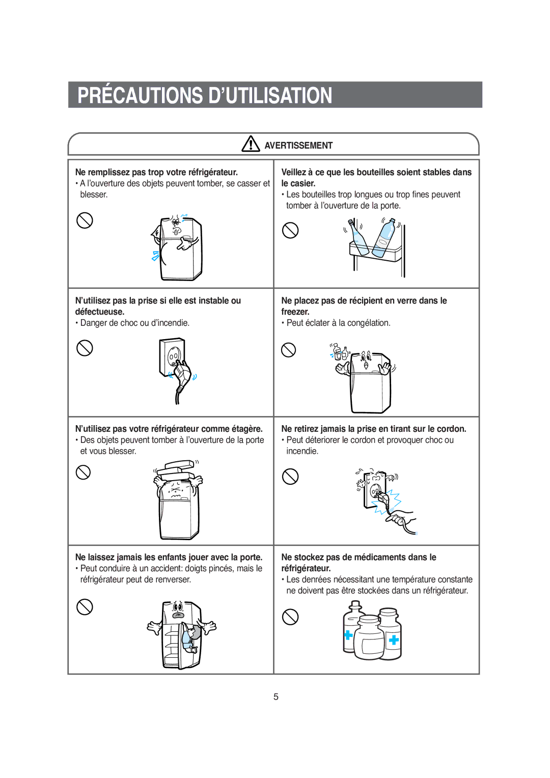 Samsung S52MDCQAGN/XEF, S52AGCSWQN/XEF manual Précautions D’UTILISATION, Ne remplissez pas trop votre réfrigérateur 