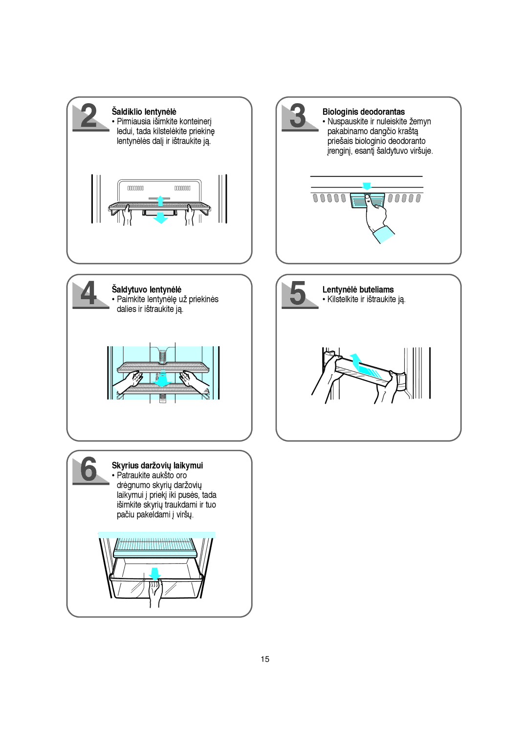 Samsung S52AGVNBHN/RUS manual Šaldiklio lentynòlò, Skyrius daržovið laikymui, Biologinis deodorantas, Lentynòlò buteliams 