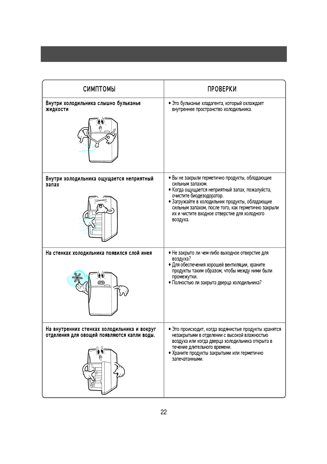 Samsung S52MFBHAGN/RUS manual Нутри холодильника слышно бульканье, Запах Сильным запахом, Очистите биодезодоратор, Воздуха 