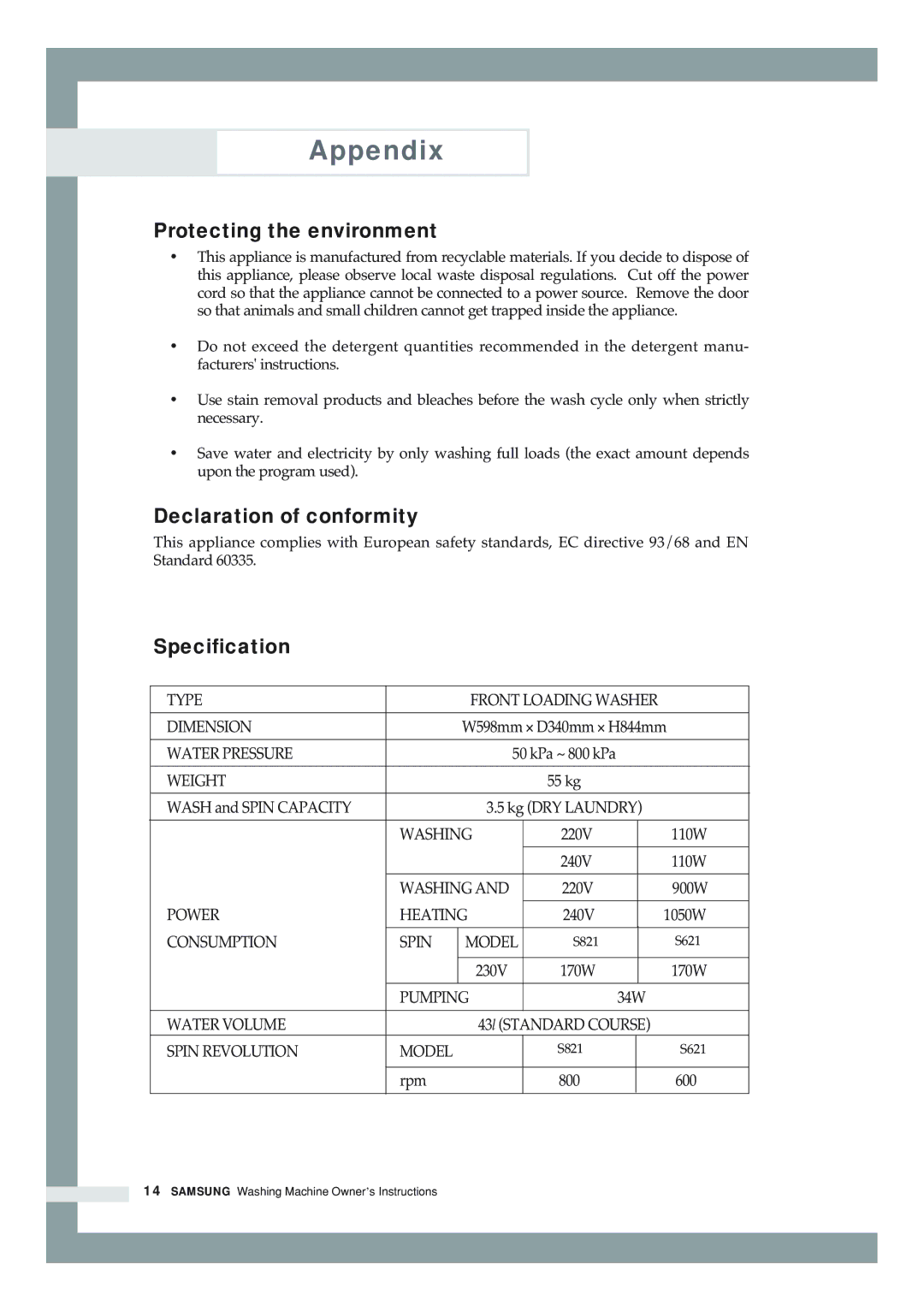 Samsung S803JGS3/YLW, S621GWS/YLW, S621GWL/YLE manual Protecting the environment, Declaration of conformity, Specification 