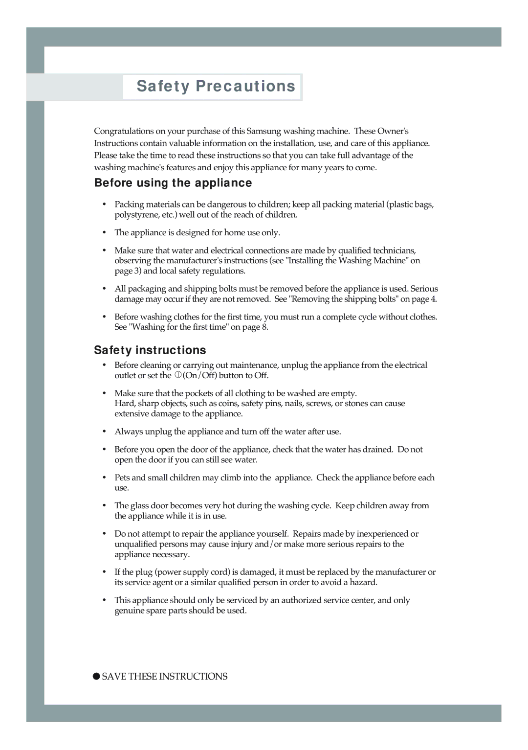 Samsung S821GWL/YLE, S621GWS/YLW, S621GWL/YLE manual Safety Precautions, Before using the appliance, Safety instructions 