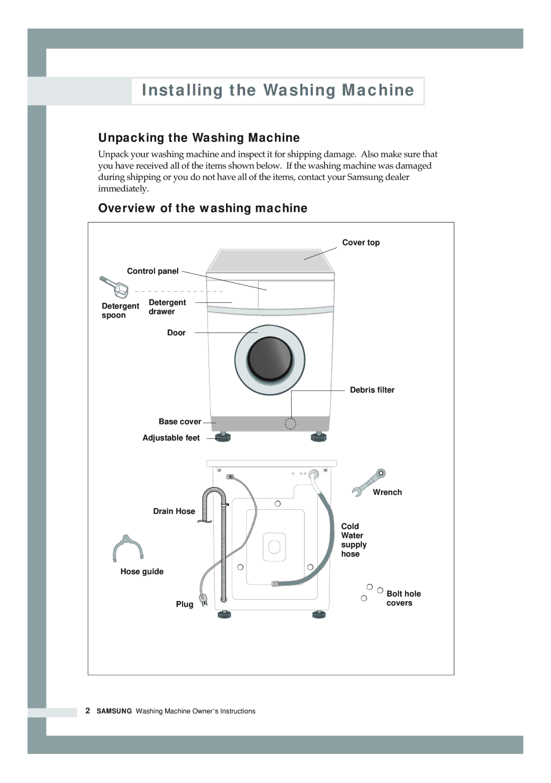 Samsung S821GWS/YLW manual Installing the Washing Machine, Unpacking the Washing Machine, Overview of the washing machine 