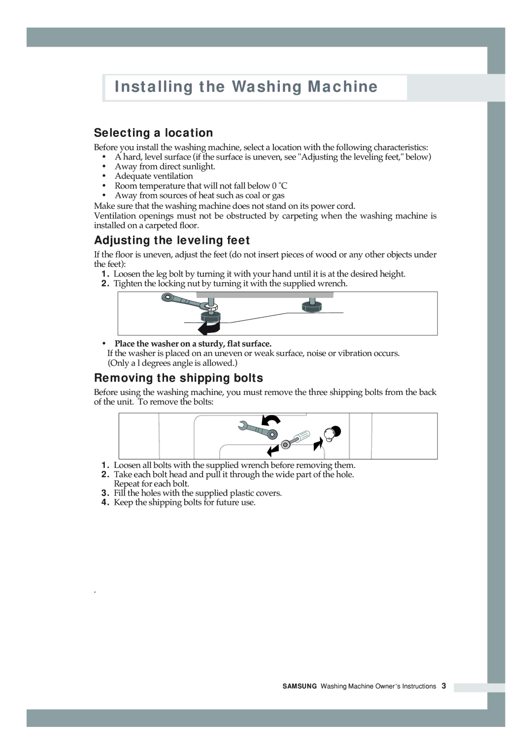 Samsung S821GWG/YLE, S621GWS/YLW manual Selecting a location, Adjusting the leveling feet, Removing the shipping bolts 