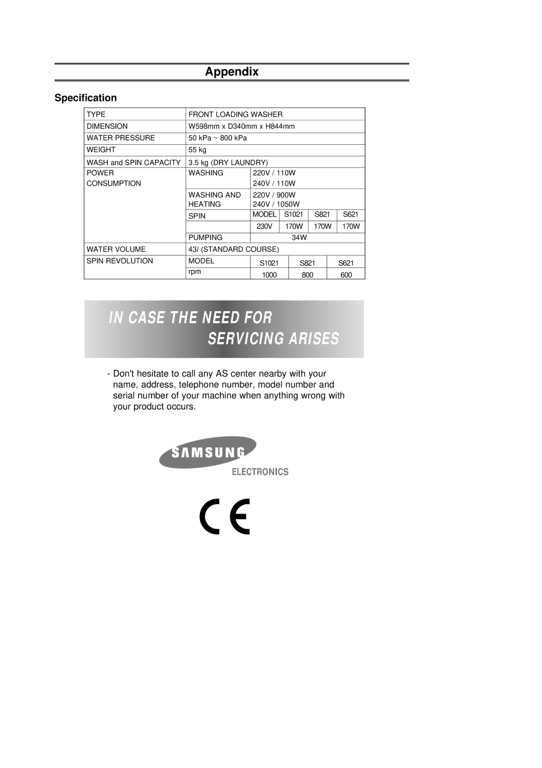 Samsung S821GWL/YLE, S621GWS/YLW, S621GWL/YLE, S821GWS/YLE, S821GWS/YLW Case the Need for Servicing Arises, Specification 