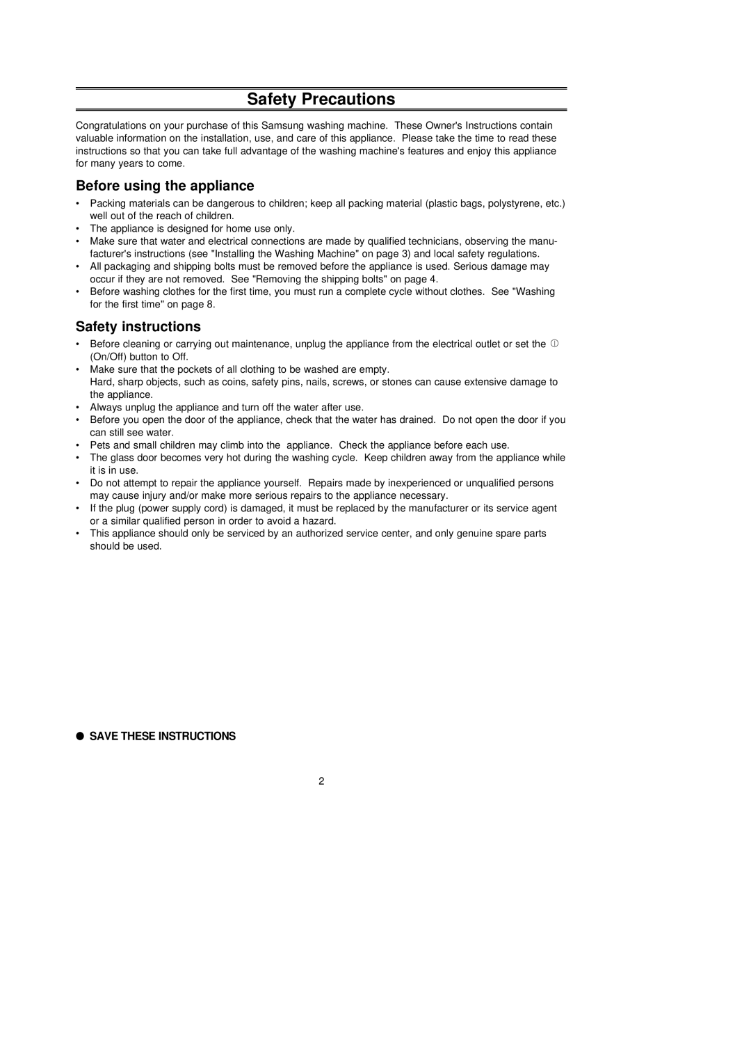 Samsung S821GWL/YLE, S621GWS/YLW, S621GWL/YLE manual Safety Precautions, Before using the appliance, Safety instructions 