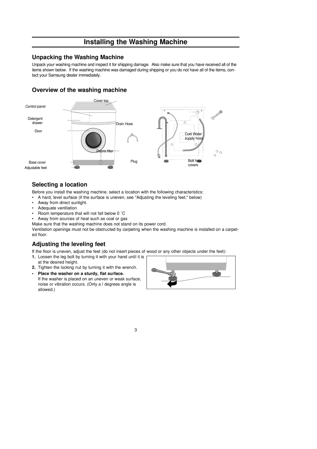 Samsung S821GWS/YLE manual Installing the Washing Machine, Unpacking the Washing Machine, Overview of the washing machine 