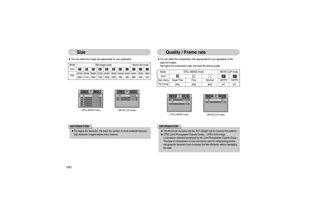 Samsung S700 manual Size, Quality / Frame rate 