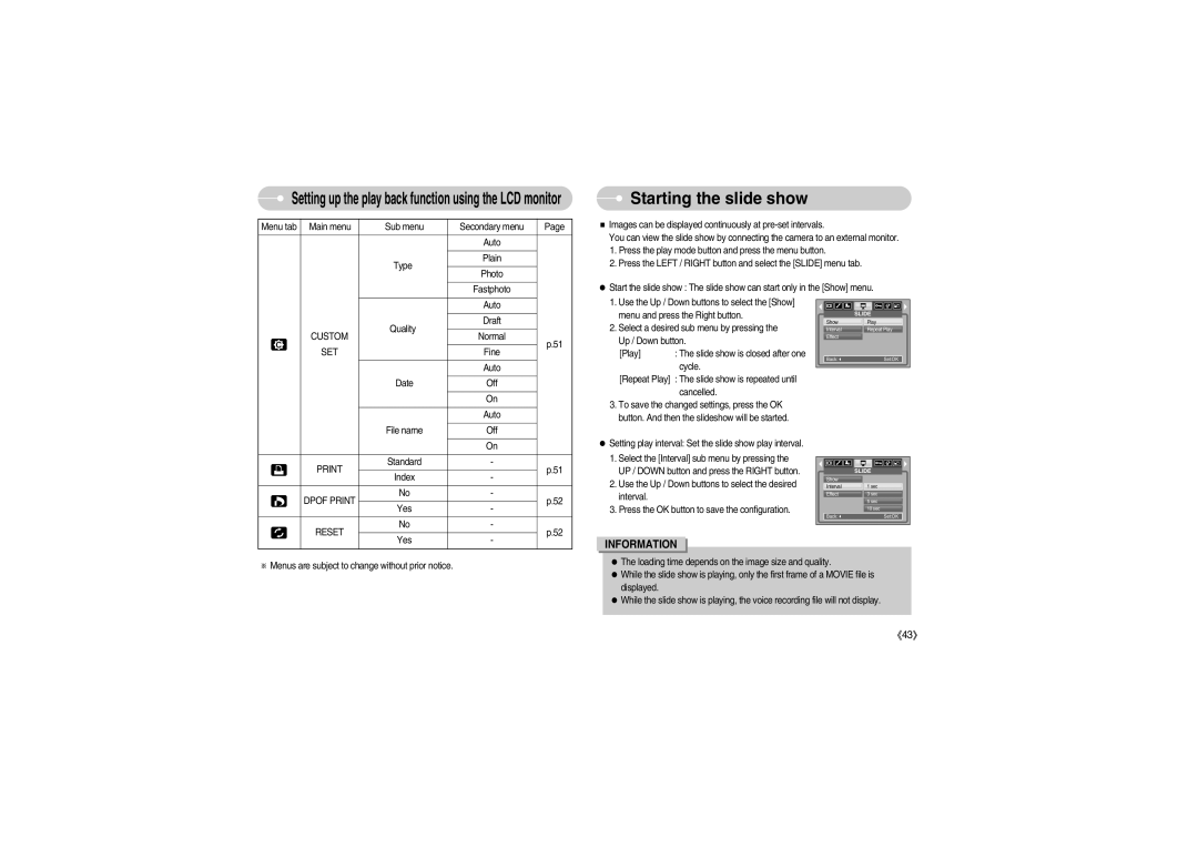 Samsung S700 manual Starting the slide show, Dpof Print, Reset 