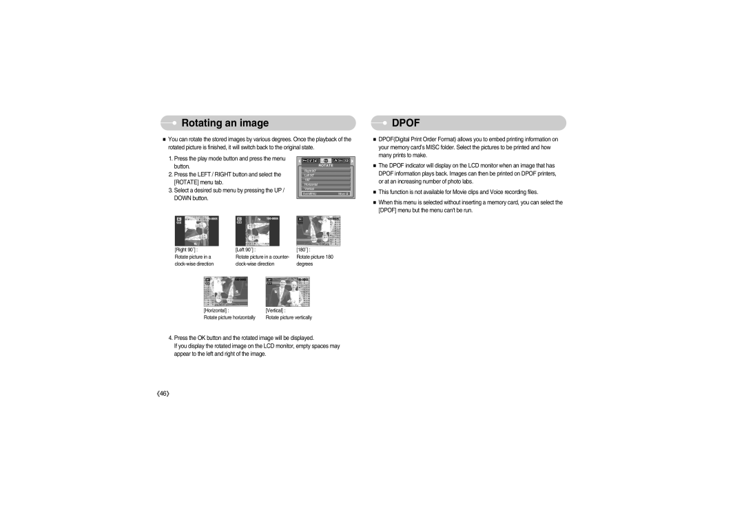 Samsung S700 manual Rotating an image, Dpof 