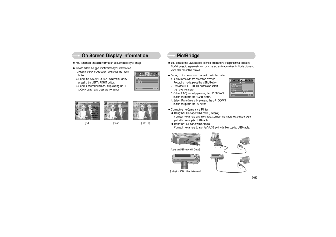 Samsung S700 manual On Screen Display information, PictBridge 