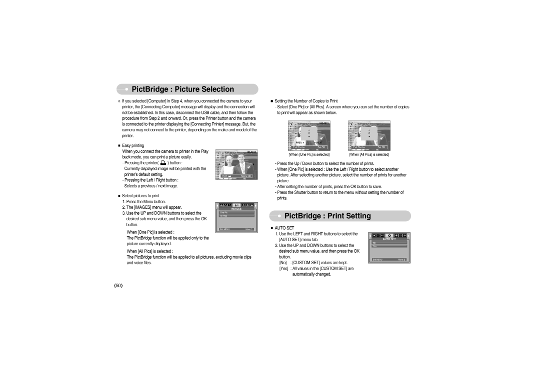 Samsung S700 manual PictBridge Picture Selection, PictBridge Print Setting 