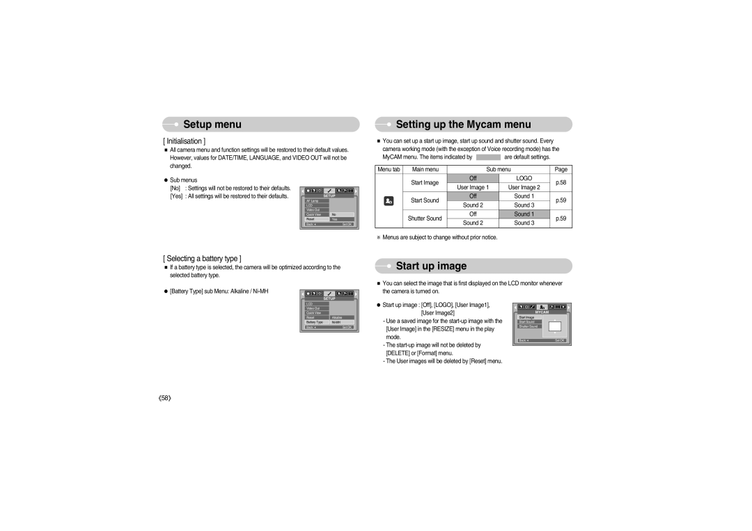 Samsung S700 manual Setting up the Mycam menu, Start up image, Logo 