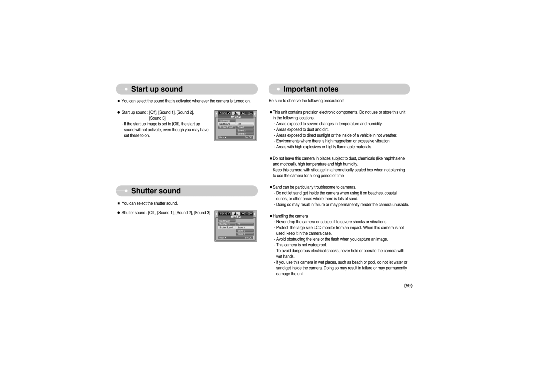 Samsung S700 manual Start up sound, Important notes, Shutter sound 