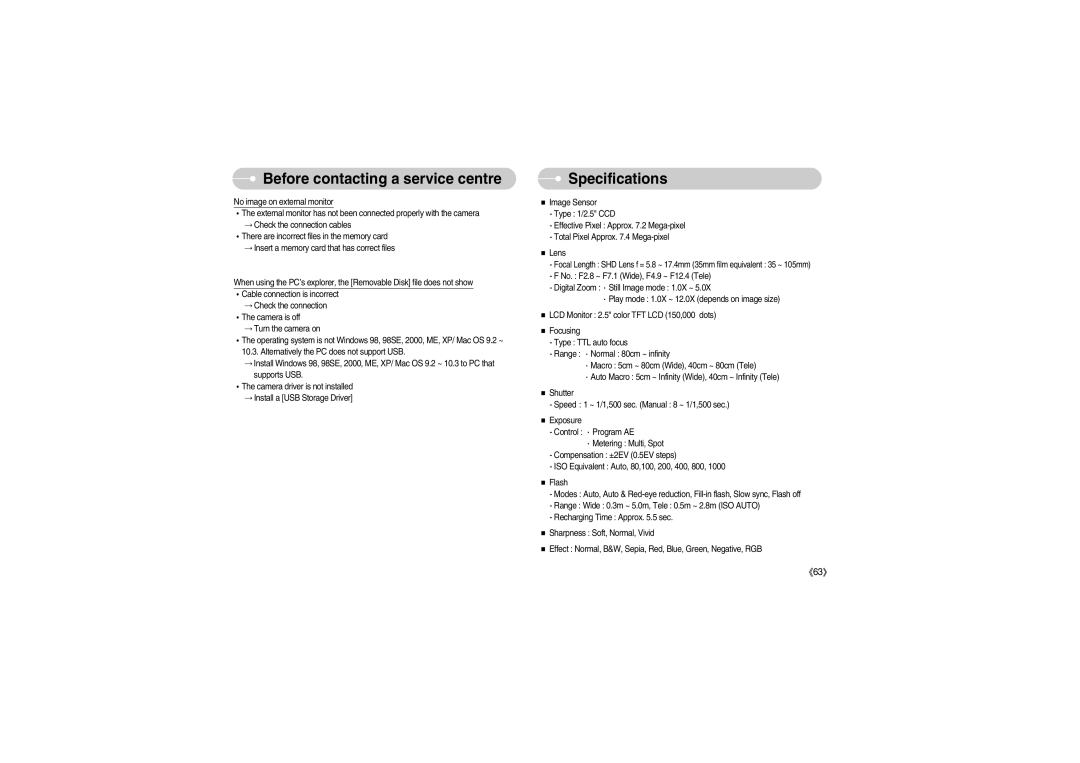 Samsung S700 manual Specifications 