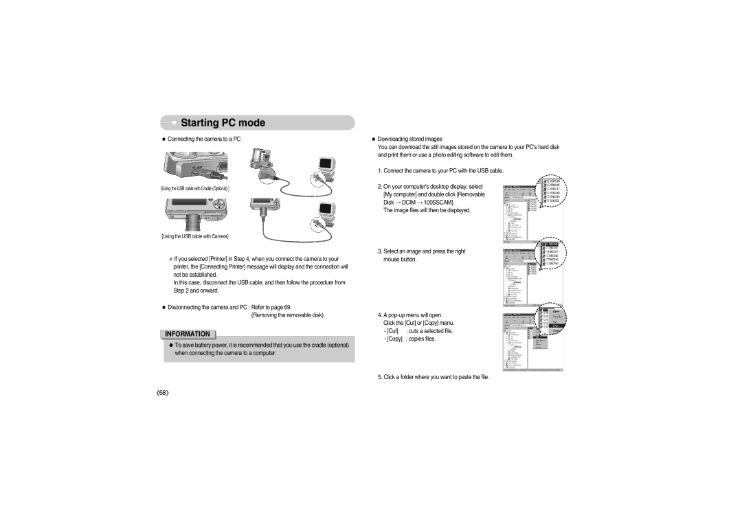 Samsung S700 manual Using the USB cable with Cradle Optional 