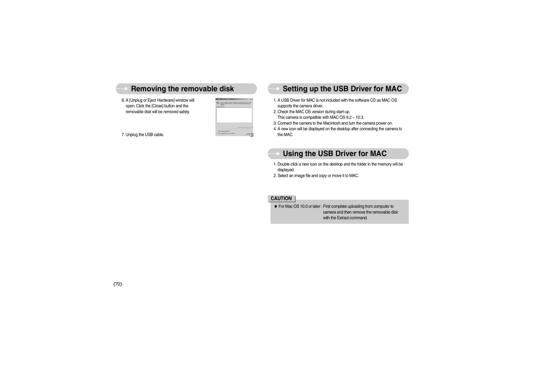 Samsung S700 manual Setting up the USB Driver for MAC, Using the USB Driver for MAC 
