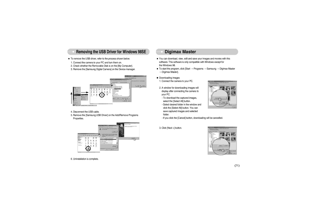 Samsung S700 manual Digimax Master, Removing the USB Driver for Windows 98SE 