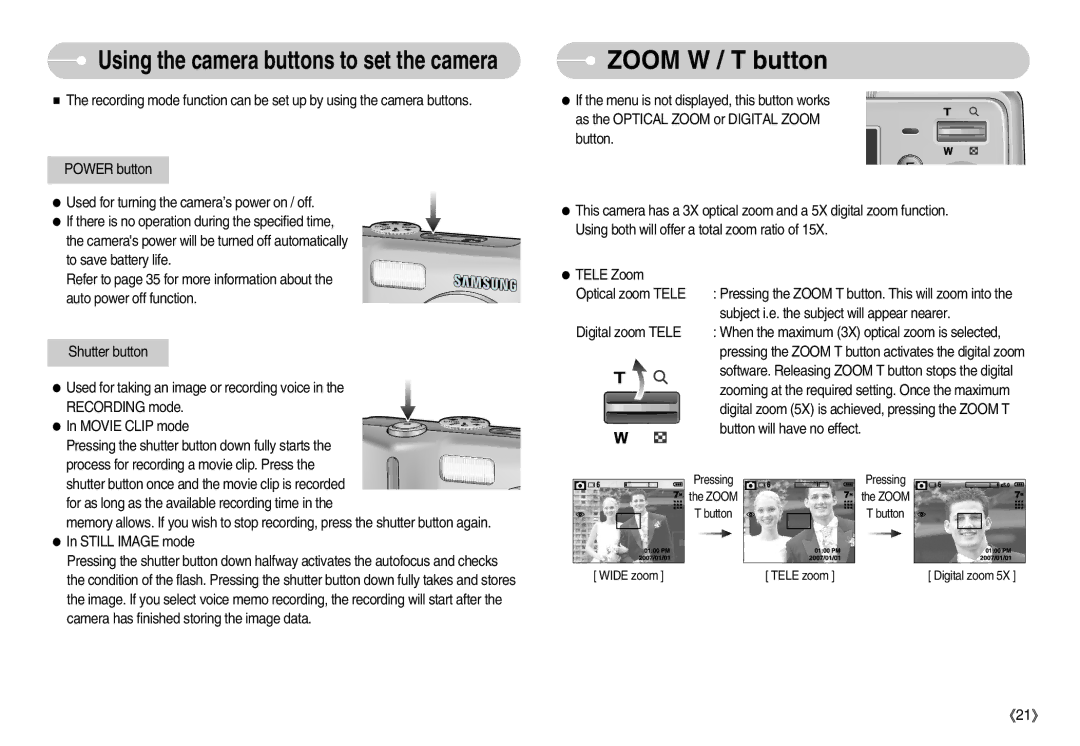 Samsung S730 manual Zoom W / T button, Using the camera buttons to set the camera 