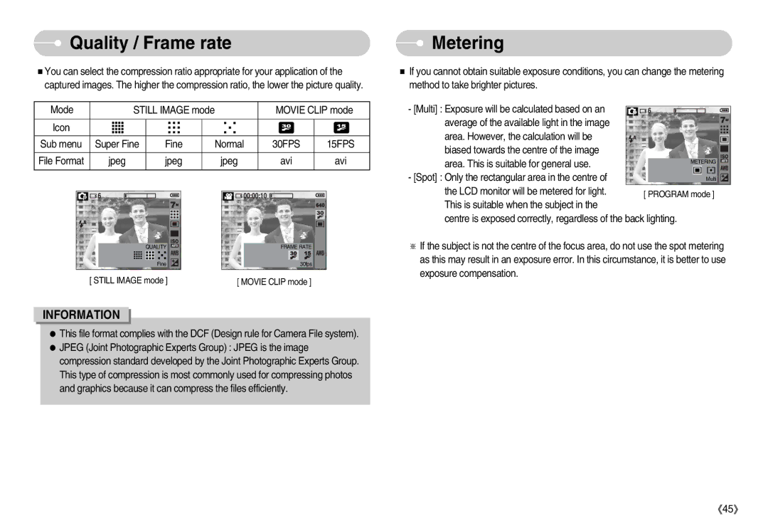 Samsung S730 manual Quality / Frame rate, Metering 