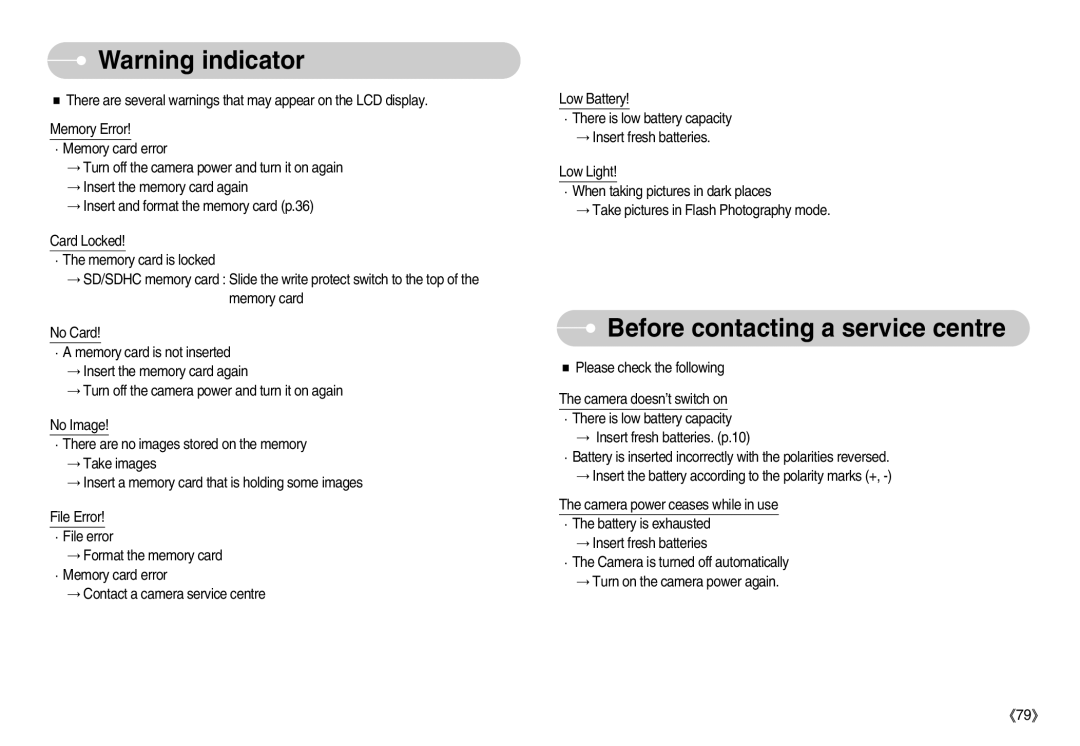 Samsung S730 manual Before contacting a service centre 