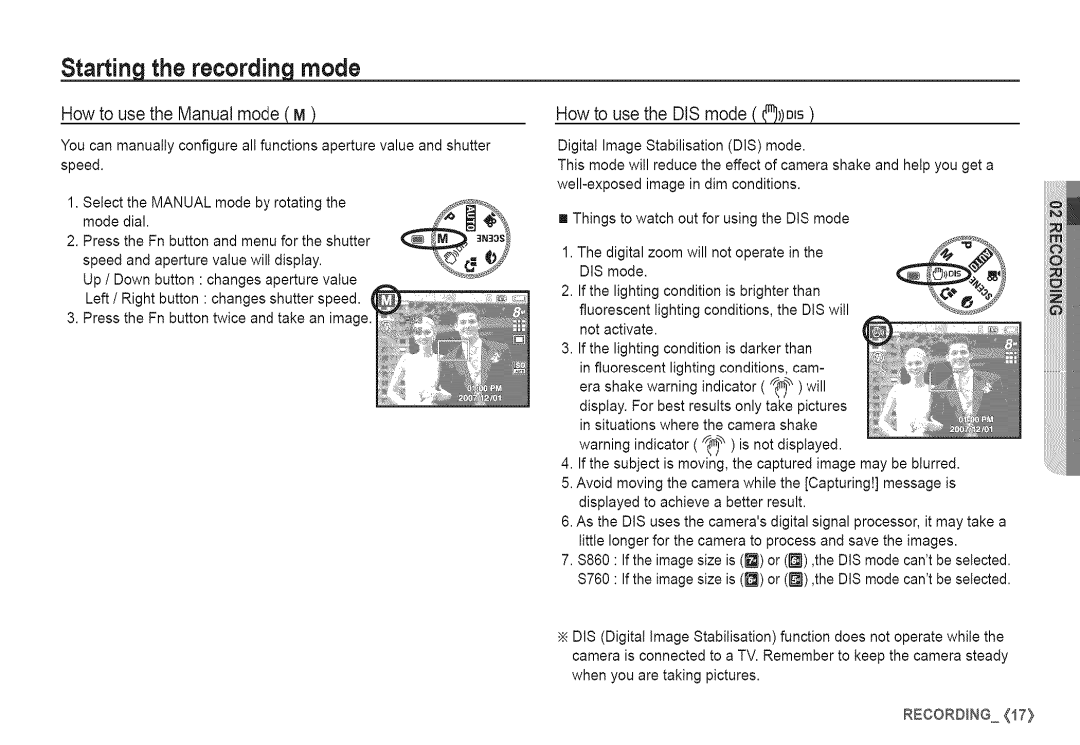 Samsung S760 manual How to use the Manual mode, How to use the DIS mode 