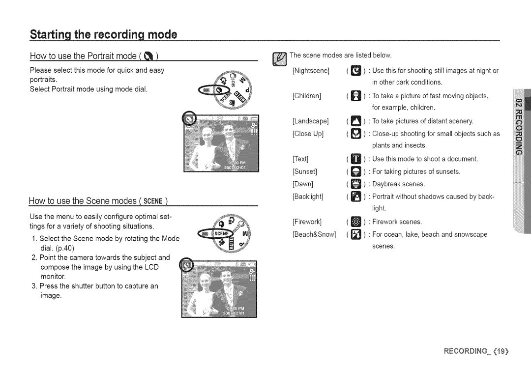 Samsung S760 manual How to use the Portrait mode, How to use the Scene modes 