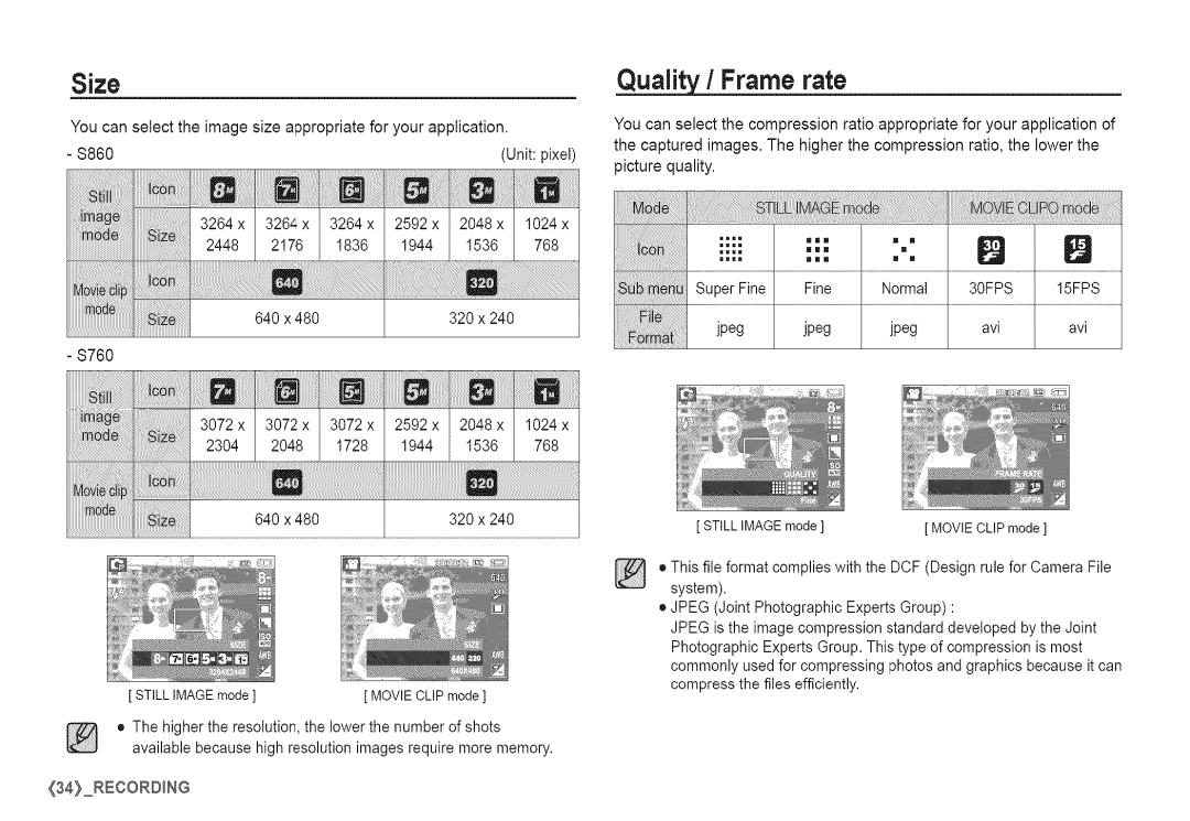 Samsung S760 manual Size, Quality/Frame rate 