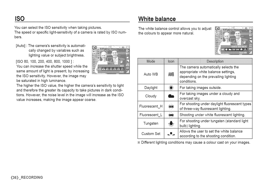 Samsung S760 manual Iso, White balance 