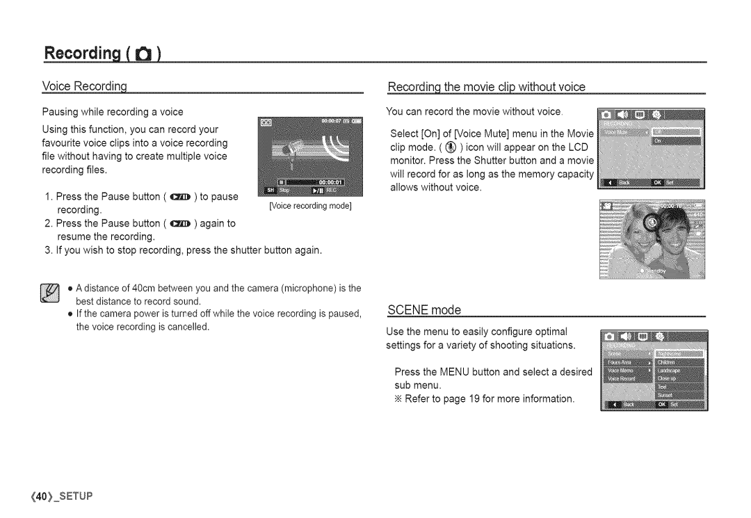 Samsung S760 manual Voice RecordincL, Recordincjthe movie clip without voice, Scene mode 