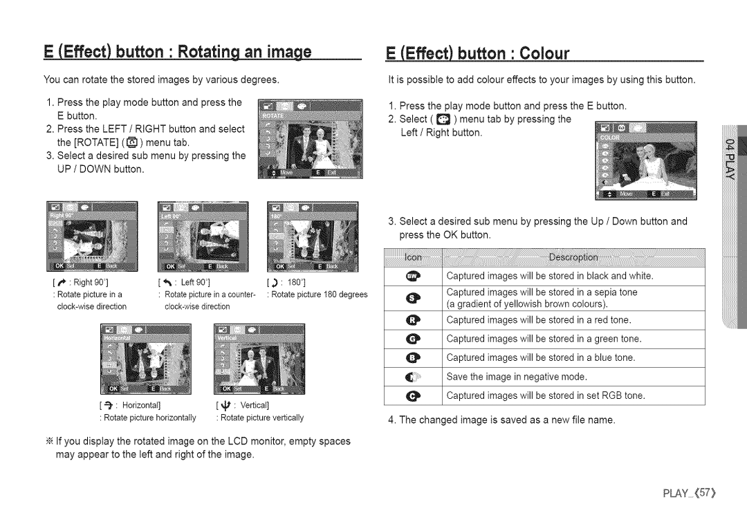 Samsung S760 manual Button Rotating an image, Button Colour 