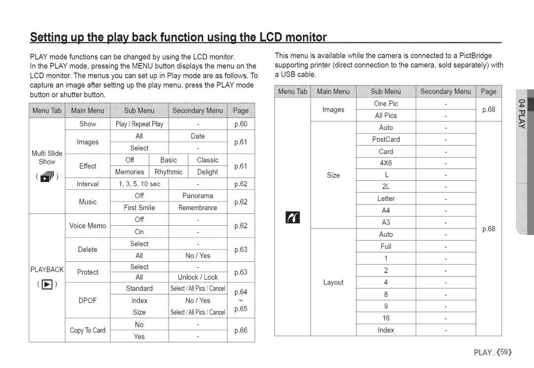 Samsung S760 manual Setting up the play back function usingthe LCD monitor, Playback 