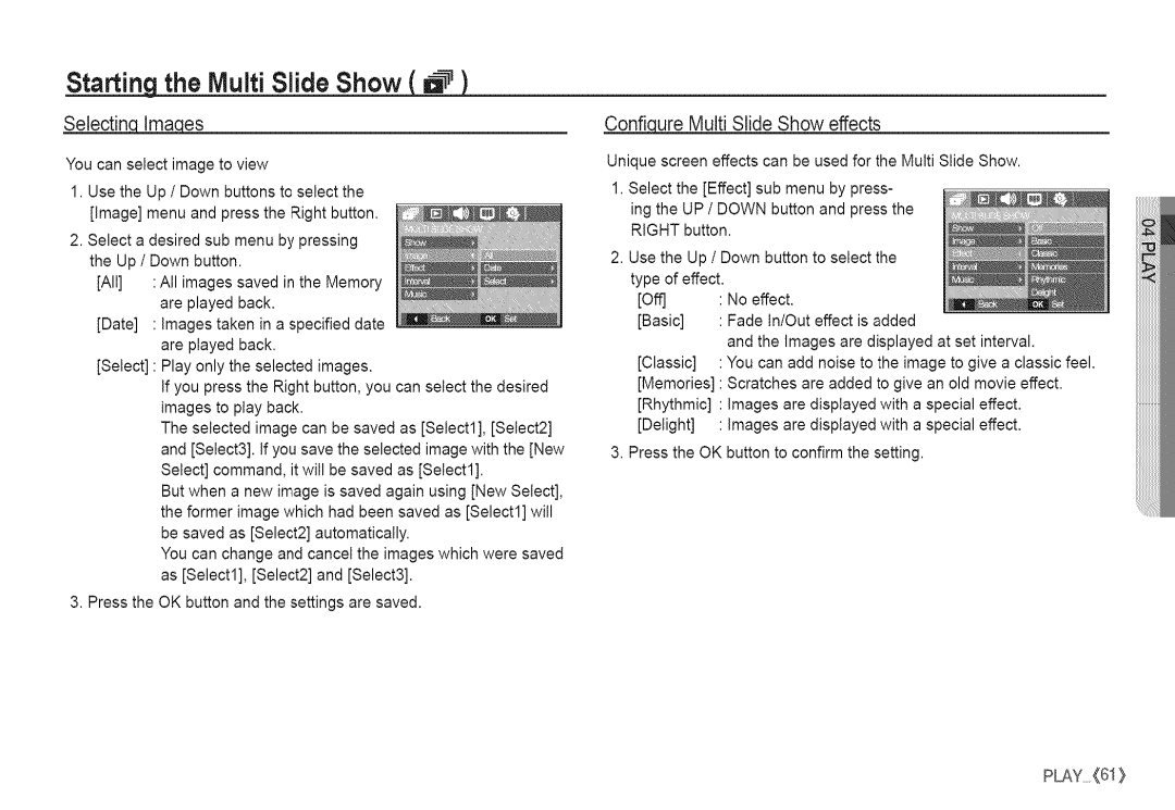 Samsung S760 manual SelectincL/m&ec!es, Confiqure Multi Slide Show effects 