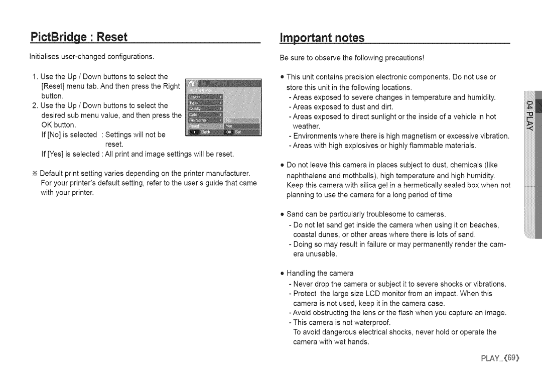 Samsung S760 manual PictBridge Reset, Important notes 