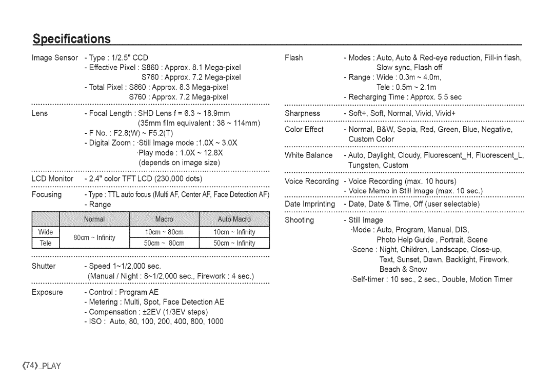 Samsung S760 manual Specifications 