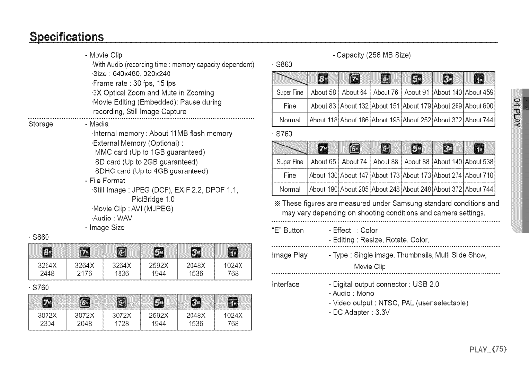 Samsung S760 manual Specifications, S860 