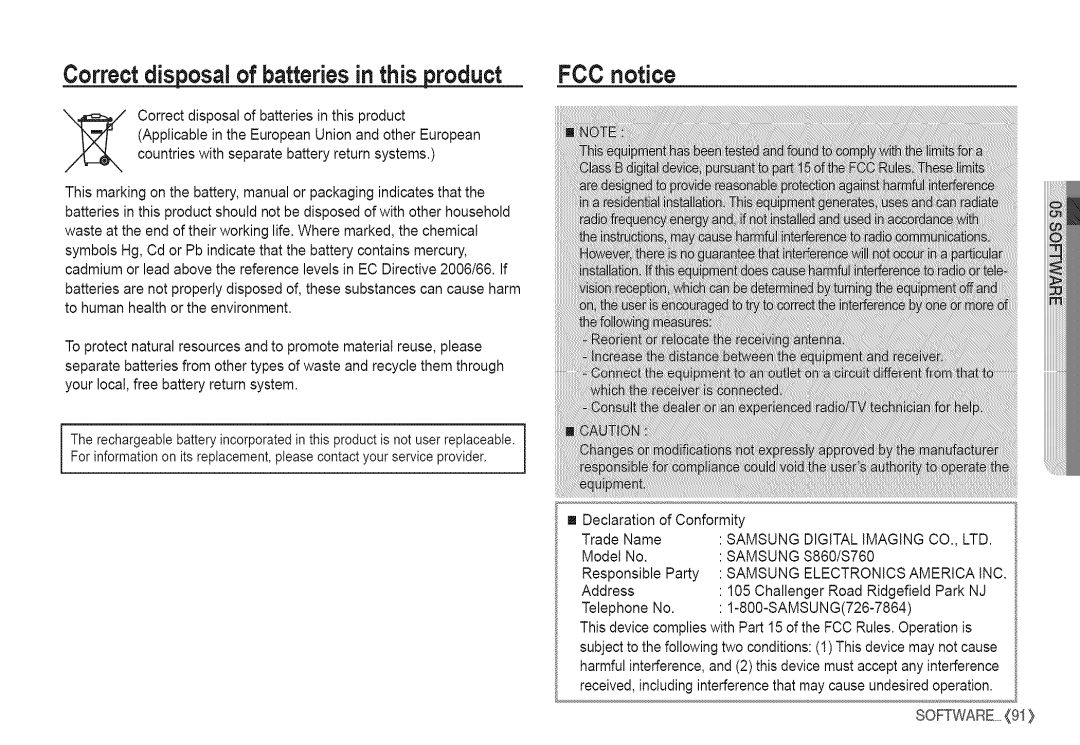 Samsung S760 manual Correct disposal of batteries in this product, FCC notice 